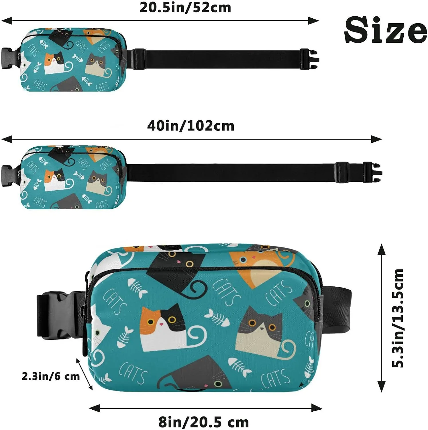 A Set of Different Color Cats and Fishes Bone Silhouettes Adjustable Belt Running Bag, Crossbody Fanny Pack Waist Runners Bag Tote for Women Men Sports Hiking Fitness Exercise Gym Pouch