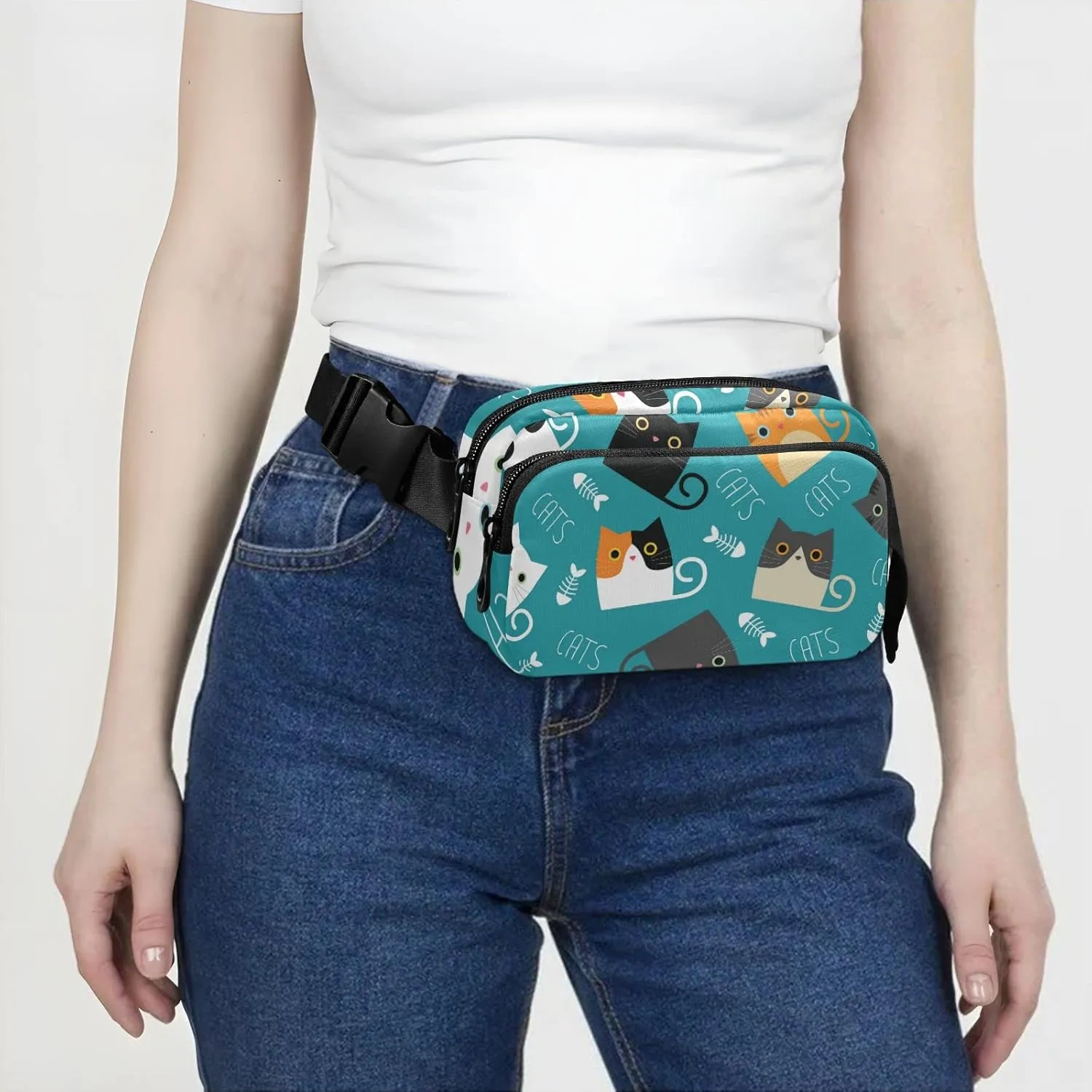 A Set of Different Color Cats and Fishes Bone Silhouettes Adjustable Belt Running Bag, Crossbody Fanny Pack Waist Runners Bag Tote for Women Men Sports Hiking Fitness Exercise Gym Pouch