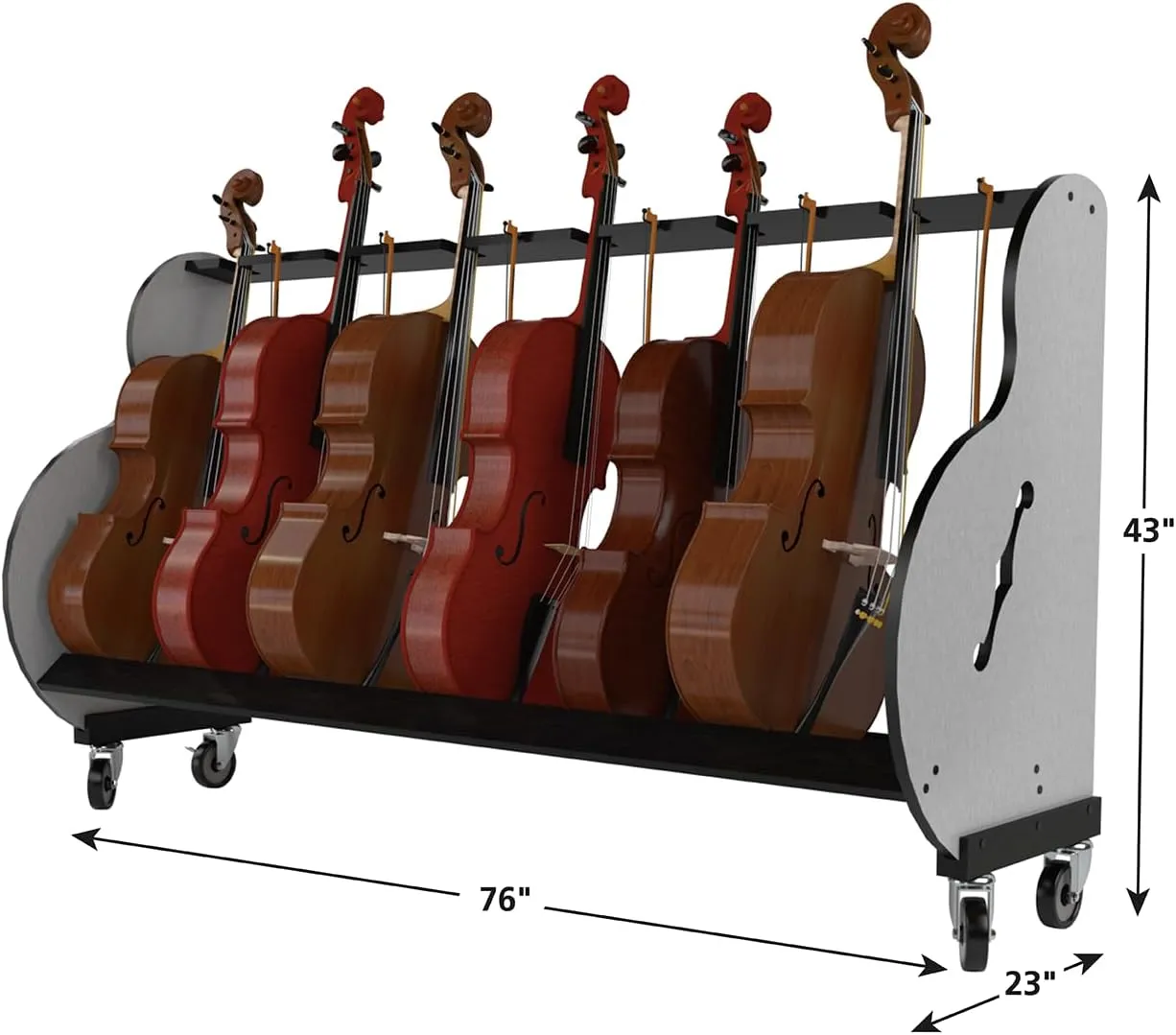 A&S Crafted Products The Band Room 6 Cello Storage & Transport Cart For Music Classrooms | Designed for Music Teachers | Hold Four ½, ¾ and full-size cellos | Made In U.S.A.