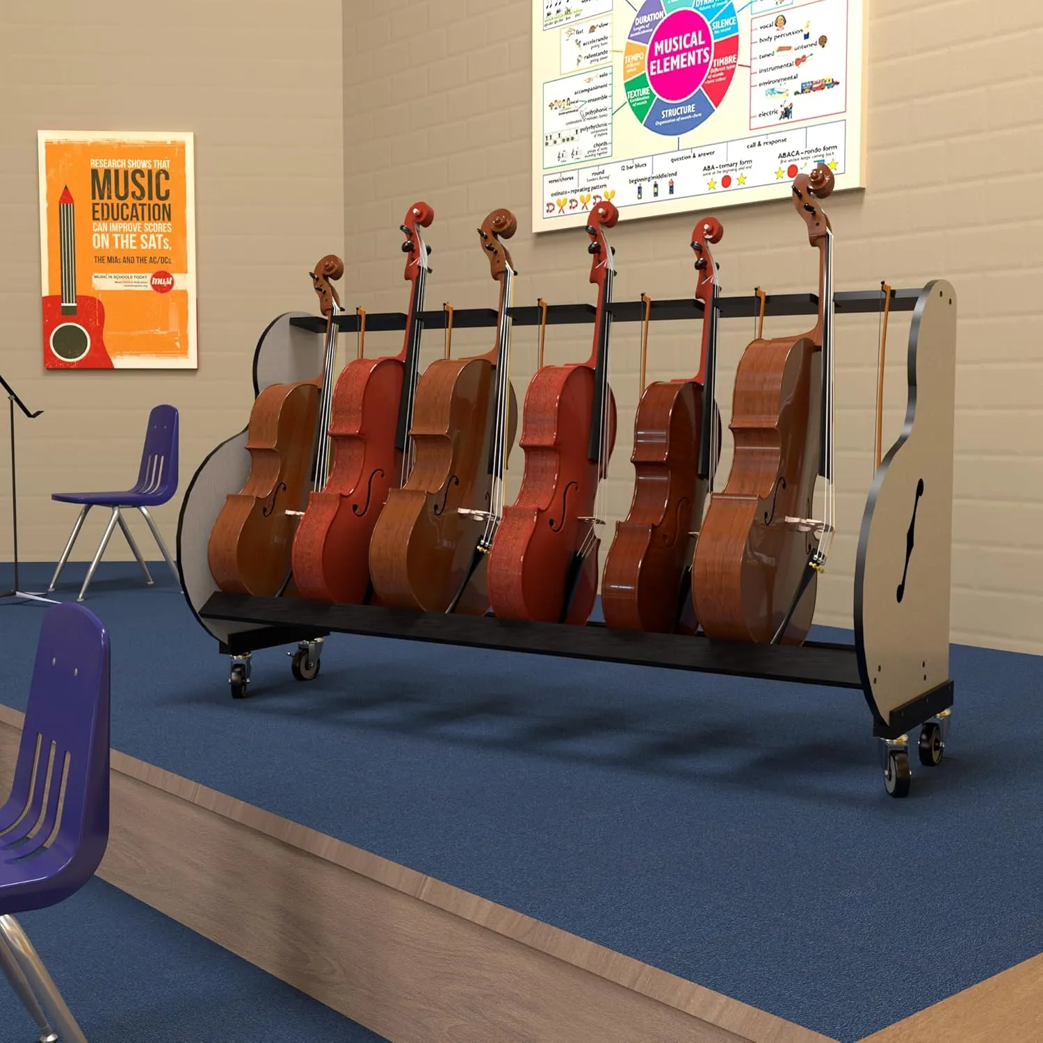 A&S Crafted Products The Band Room 6 Cello Storage & Transport Cart For Music Classrooms | Designed for Music Teachers | Hold Four ½, ¾ and full-size cellos | Made In U.S.A.