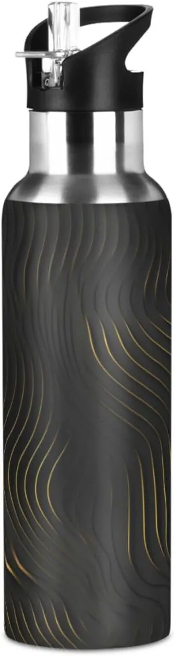 Abstract Black Music Notes Sport Water Bottle Insulated Stainless Steel Large Vacuum Flask Leak Proof Thermos with Straw for Travel(600ml/1000ml)