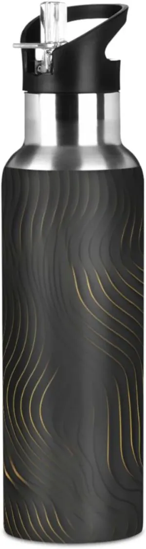 Abstract Black Music Notes Sport Water Bottle Insulated Stainless Steel Large Vacuum Flask Leak Proof Thermos with Straw for Travel(600ml/1000ml)