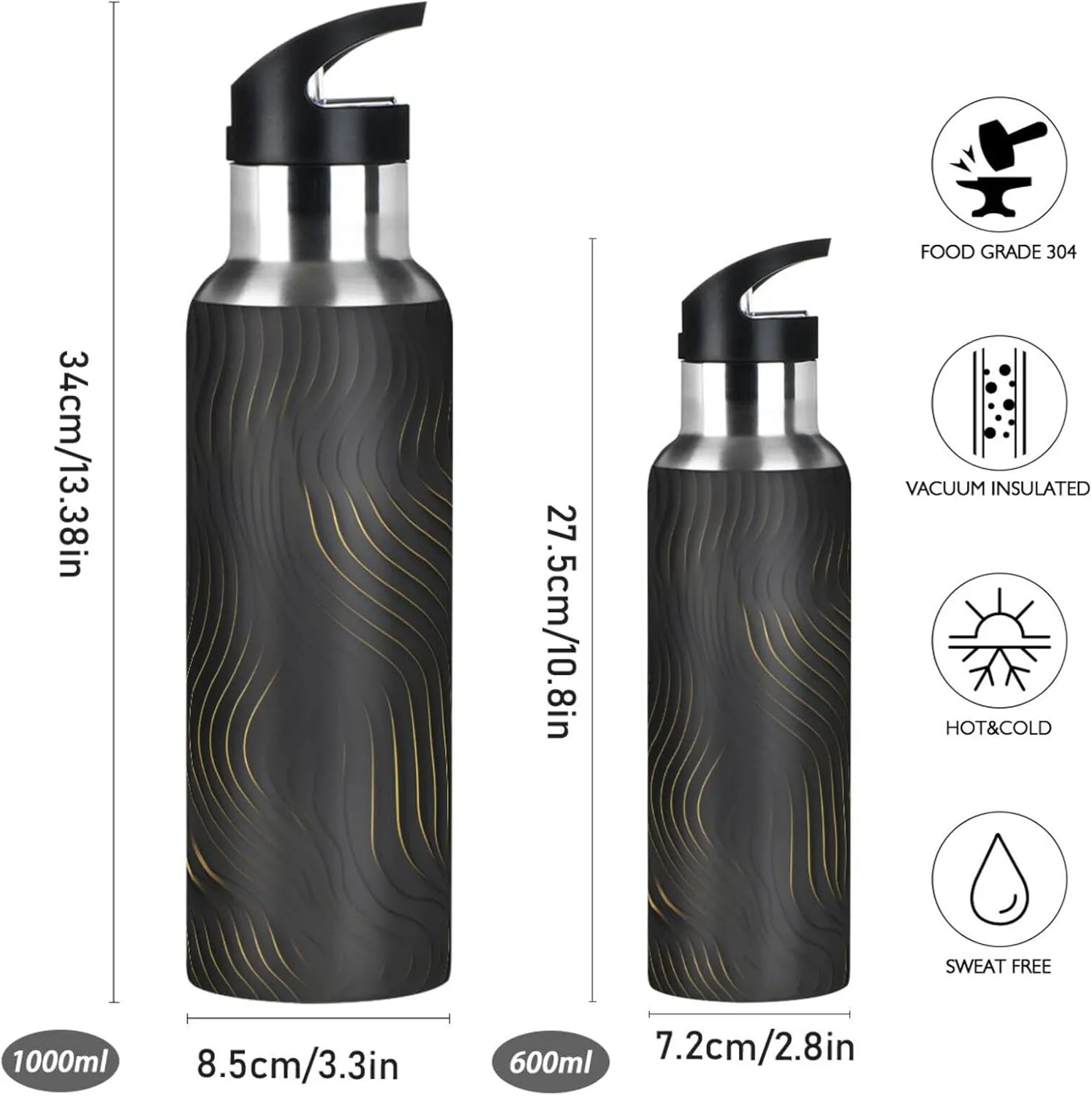 Abstract Black Music Notes Sport Water Bottle Insulated Stainless Steel Large Vacuum Flask Leak Proof Thermos with Straw for Travel(600ml/1000ml)