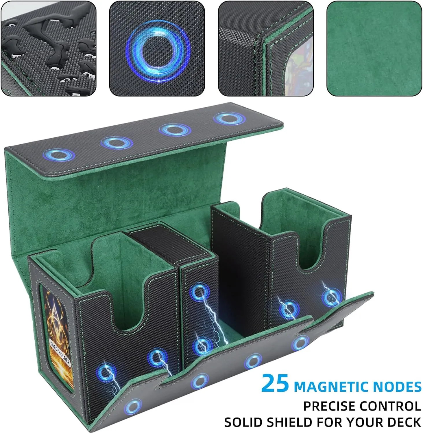 AFIING MTG Commander Card Storage Box - Fits 200 Double Sleeved Cards,3-in-1Card Deck Case,Strong Magnet Card Organizer For Magic Commander TCG CCG,4Dividers &2 Toploaders, Black/Green