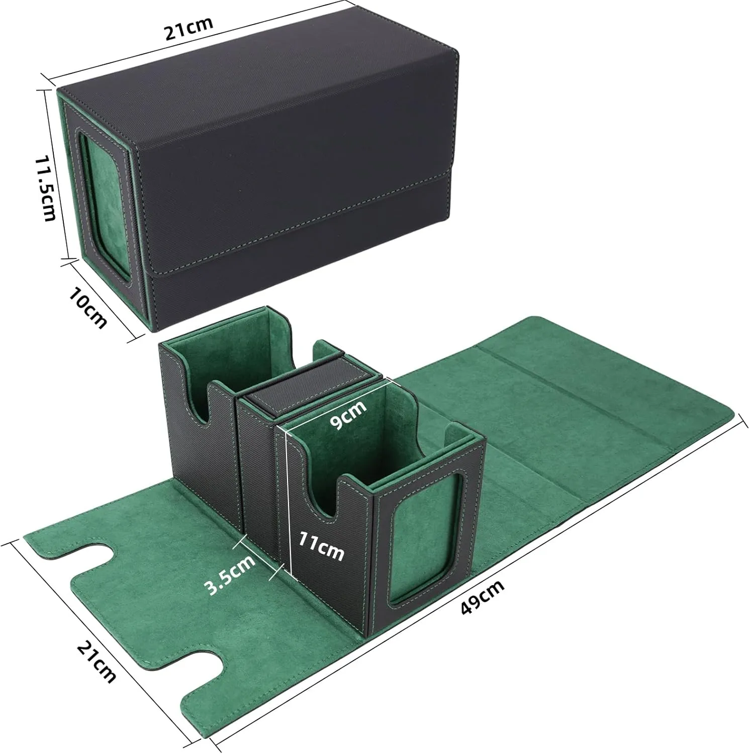 AFIING MTG Commander Card Storage Box - Fits 200 Double Sleeved Cards,3-in-1Card Deck Case,Strong Magnet Card Organizer For Magic Commander TCG CCG,4Dividers &2 Toploaders, Black/Green