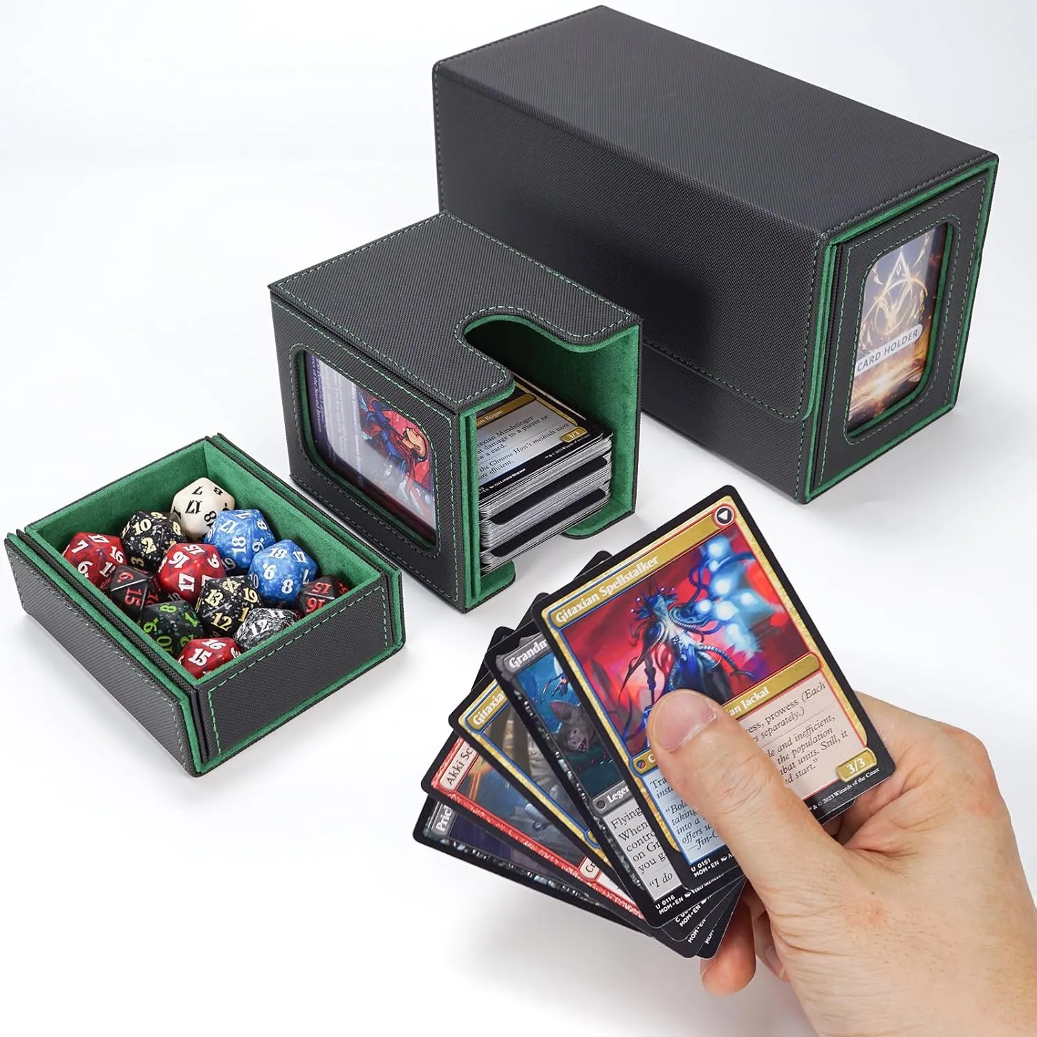 AFIING MTG Commander Card Storage Box - Fits 200 Double Sleeved Cards,3-in-1Card Deck Case,Strong Magnet Card Organizer For Magic Commander TCG CCG,4Dividers &2 Toploaders, Black/Green