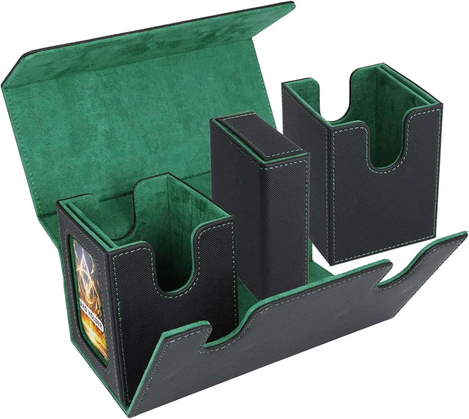 AFIING MTG Commander Card Storage Box - Fits 200 Double Sleeved Cards,3-in-1Card Deck Case,Strong Magnet Card Organizer For Magic Commander TCG CCG,4Dividers &2 Toploaders, Black/Green