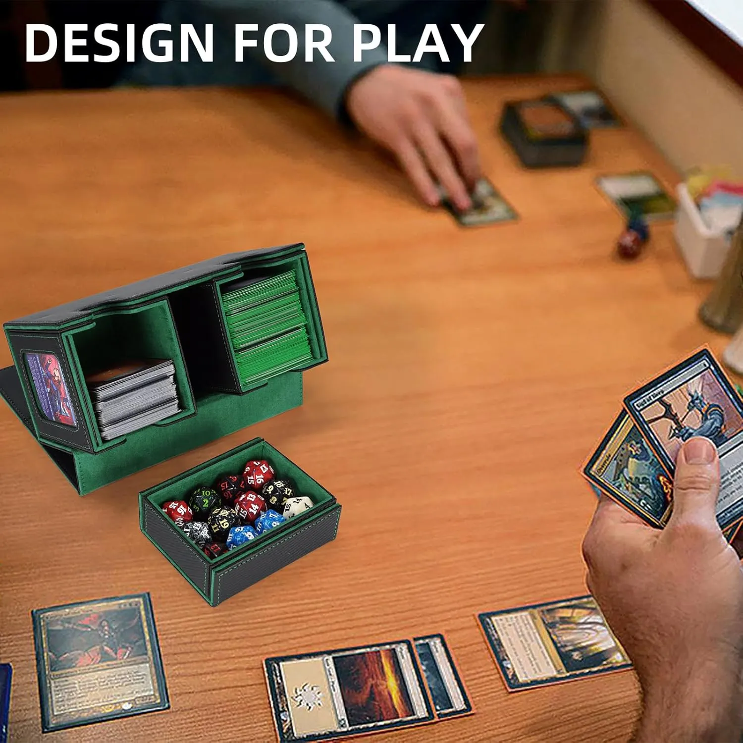 AFIING MTG Commander Card Storage Box - Fits 200 Double Sleeved Cards,3-in-1Card Deck Case,Strong Magnet Card Organizer For Magic Commander TCG CCG,4Dividers &2 Toploaders, Black/Green