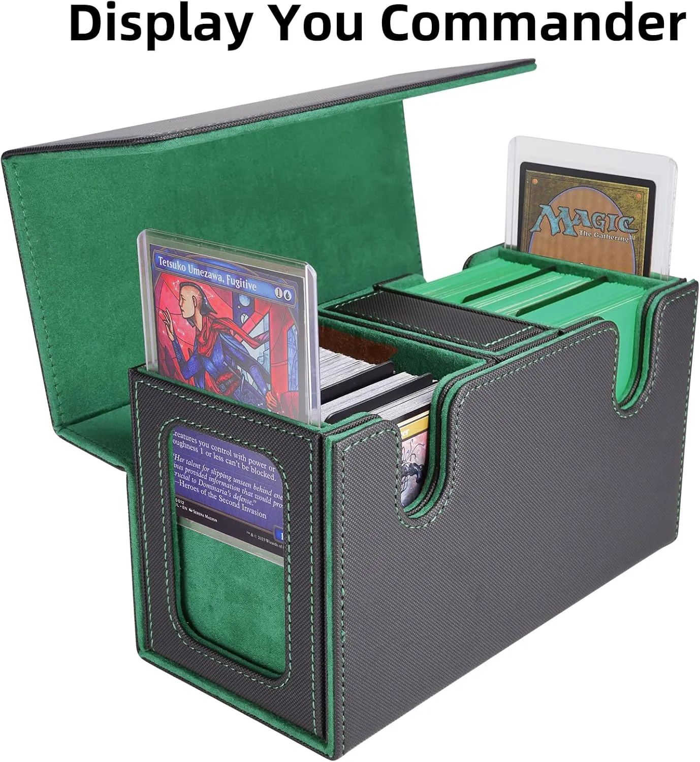 AFIING MTG Commander Card Storage Box - Fits 200 Double Sleeved Cards,3-in-1Card Deck Case,Strong Magnet Card Organizer For Magic Commander TCG CCG,4Dividers &2 Toploaders, Black/Green