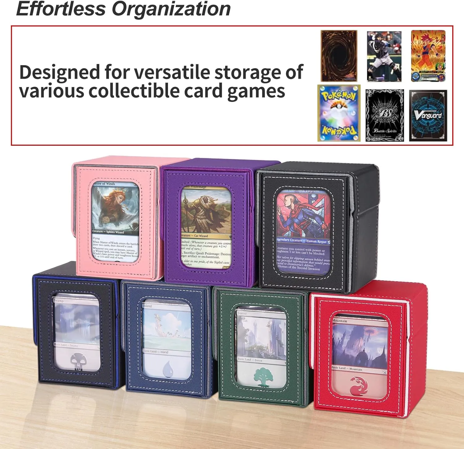 AFIING MTG Deck Box for Commander Display,Card Deck Box Fits 100 Double Sleeved Cards, Magic Commander TCG Card Storage Box with 2 Dividers,Drawstring Bag and 1 Toploader(Black/grey)