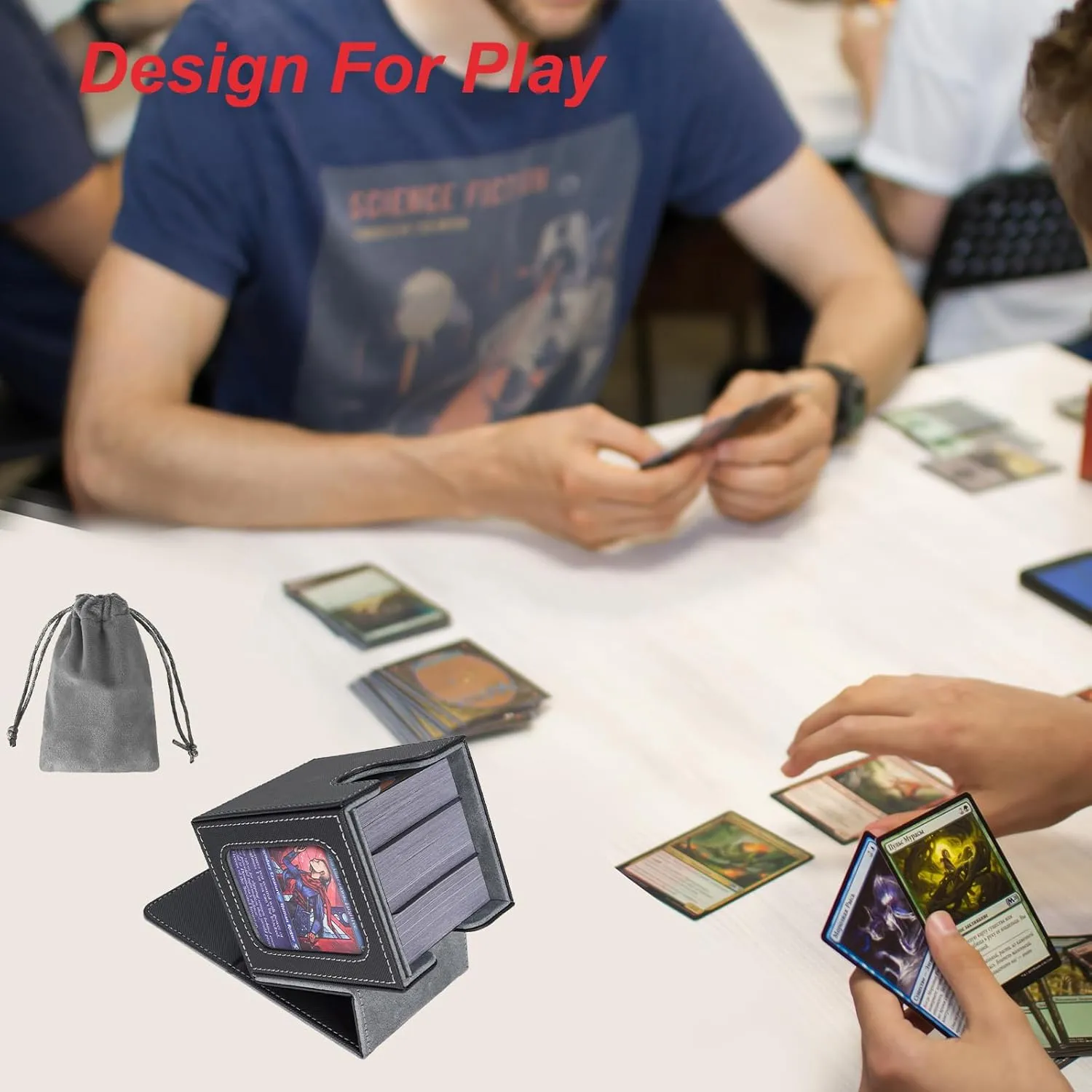 AFIING MTG Deck Box for Commander Display,Card Deck Box Fits 100 Double Sleeved Cards, Magic Commander TCG Card Storage Box with 2 Dividers,Drawstring Bag and 1 Toploader(Black/grey)