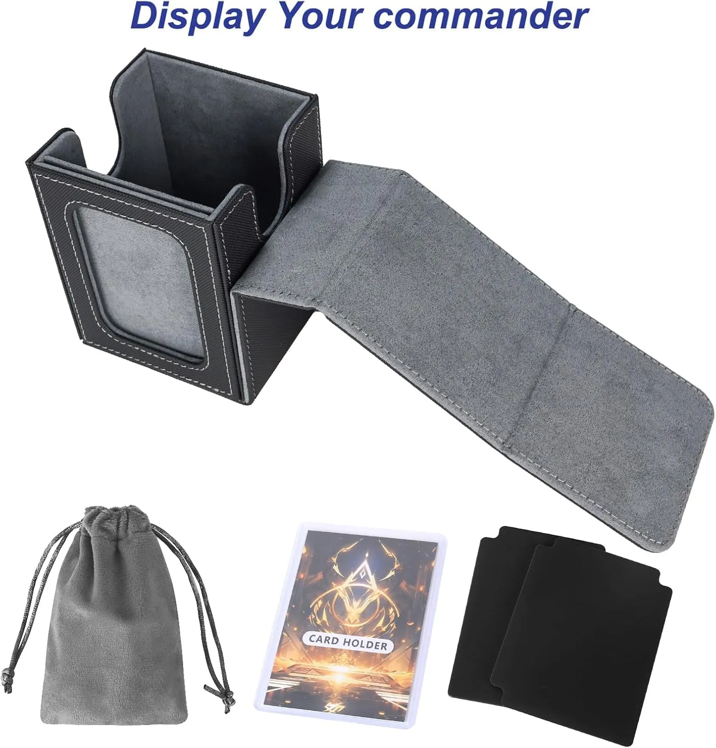 AFIING MTG Deck Box for Commander Display,Card Deck Box Fits 100 Double Sleeved Cards, Magic Commander TCG Card Storage Box with 2 Dividers,Drawstring Bag and 1 Toploader(Black/grey)