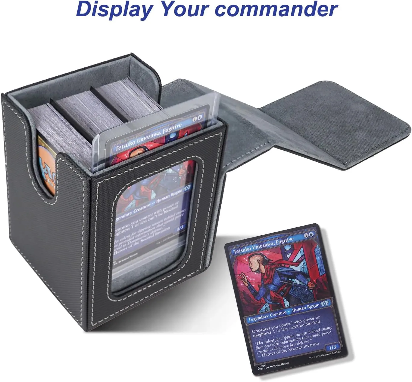 AFIING MTG Deck Box for Commander Display,Card Deck Box Fits 100 Double Sleeved Cards, Magic Commander TCG Card Storage Box with 2 Dividers,Drawstring Bag and 1 Toploader(Black/grey)