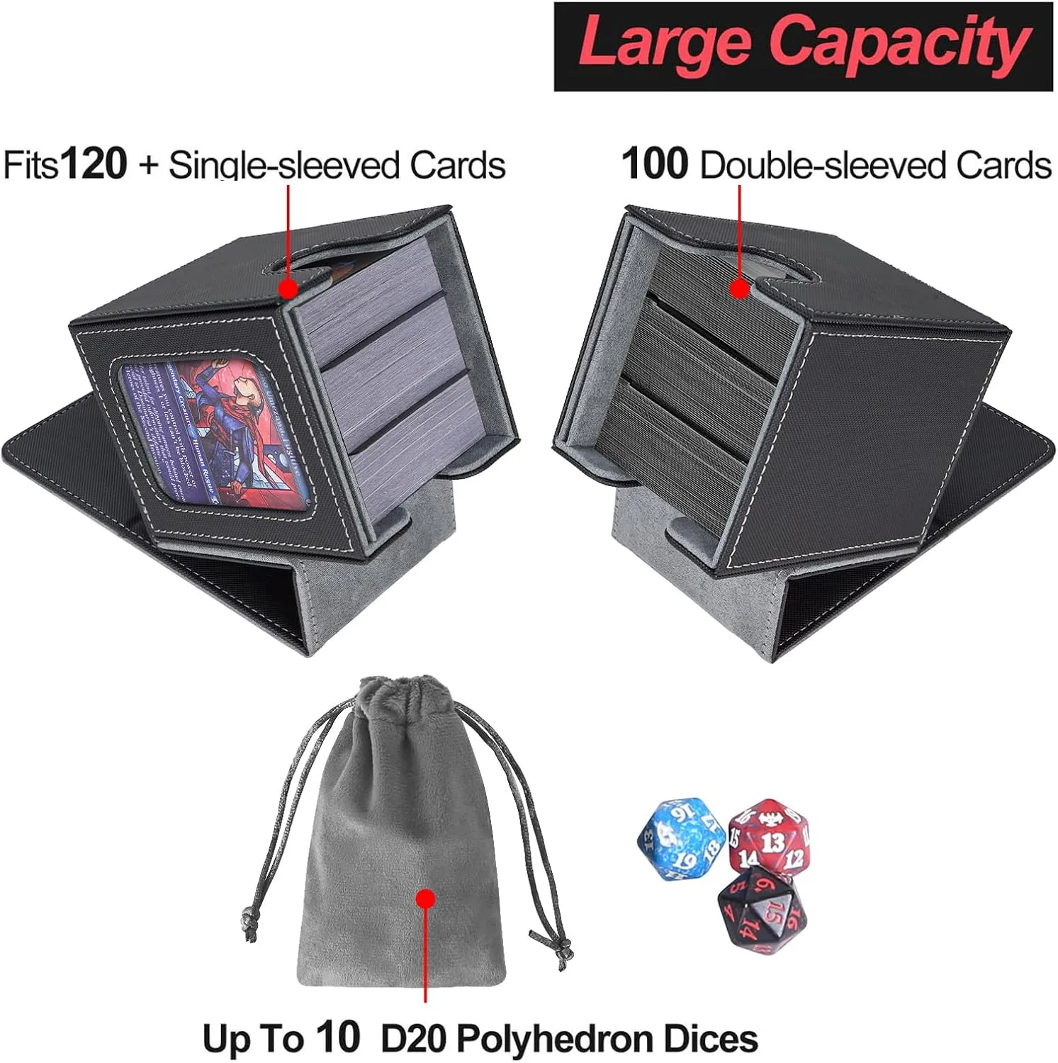 AFIING MTG Deck Box for Commander Display,Card Deck Box Fits 100 Double Sleeved Cards, Magic Commander TCG Card Storage Box with 2 Dividers,Drawstring Bag and 1 Toploader(Black/grey)