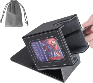 AFIING MTG Deck Box for Commander Display,Card Deck Box Fits 100 Double Sleeved Cards, Magic Commander TCG Card Storage Box with 2 Dividers,Drawstring Bag and 1 Toploader(Black/grey)