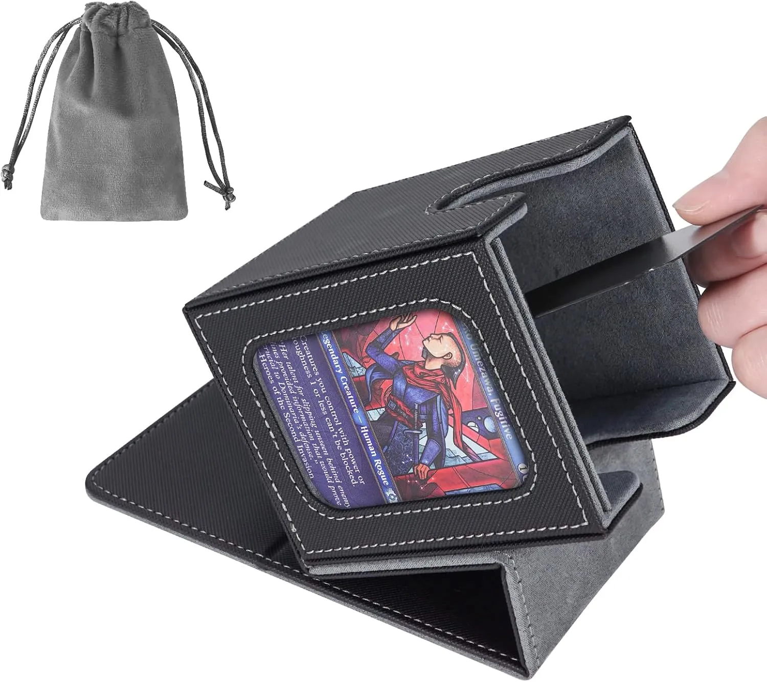 AFIING MTG Deck Box for Commander Display,Card Deck Box Fits 100 Double Sleeved Cards, Magic Commander TCG Card Storage Box with 2 Dividers,Drawstring Bag and 1 Toploader(Black/grey)