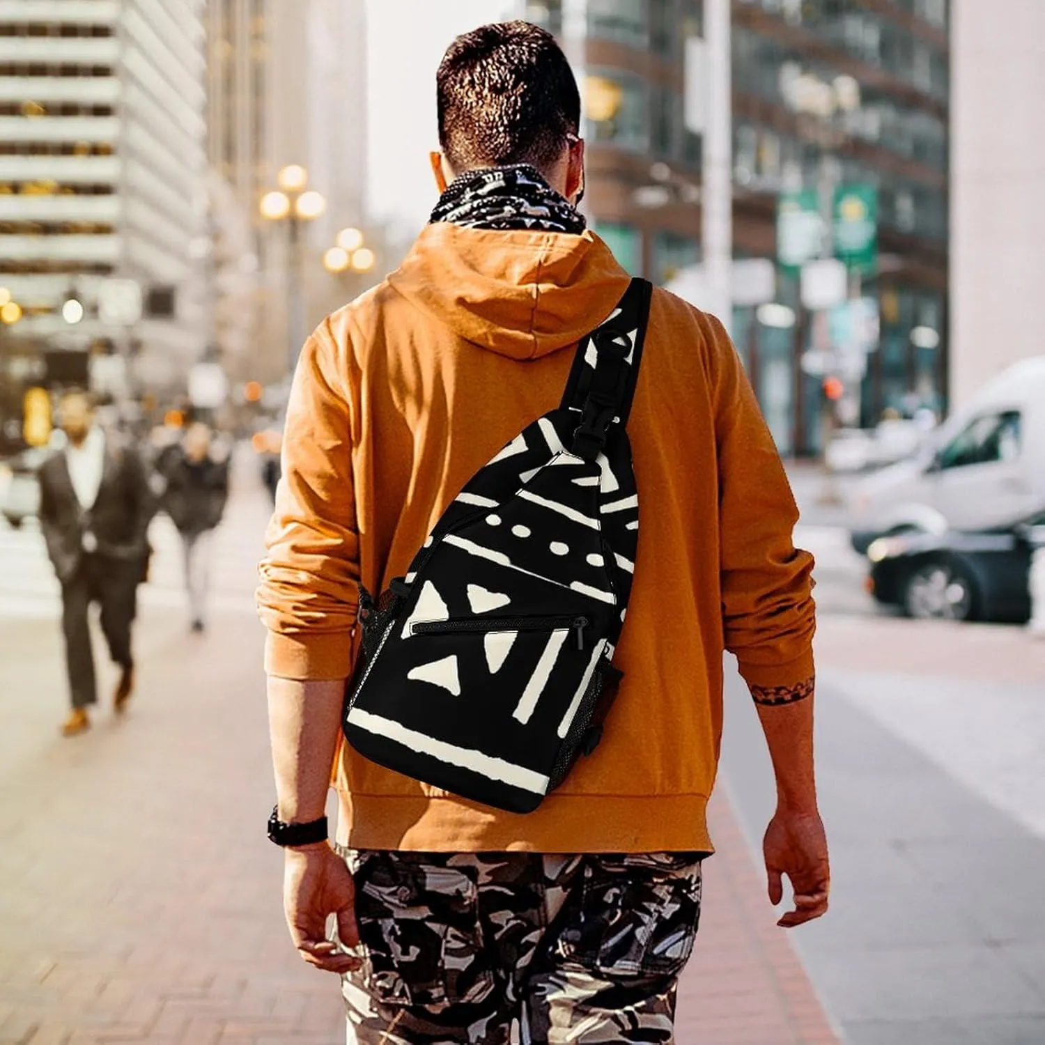 African Mud Cloth Black And White A Spacious And Large Capacity Portable Adjustable Chest Bag