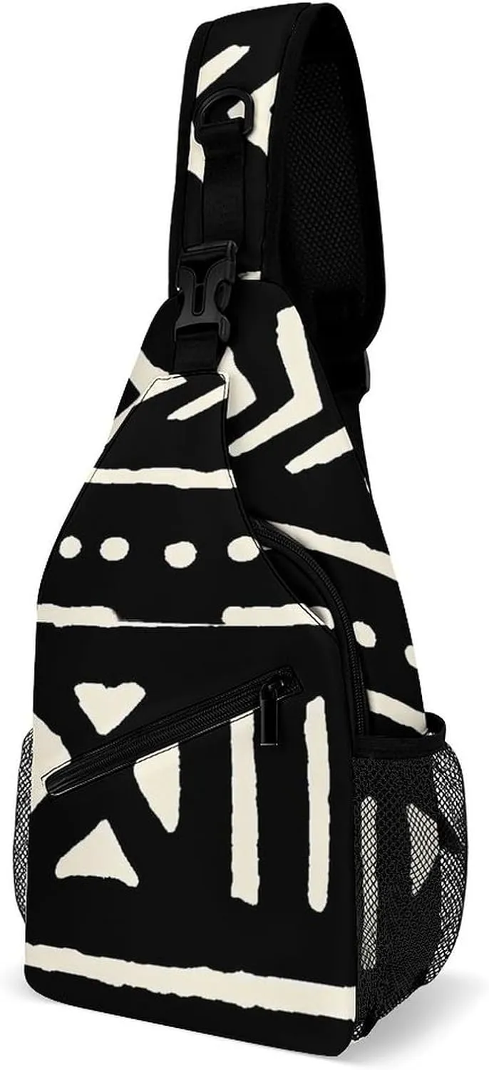 African Mud Cloth Black And White A Spacious And Large Capacity Portable Adjustable Chest Bag