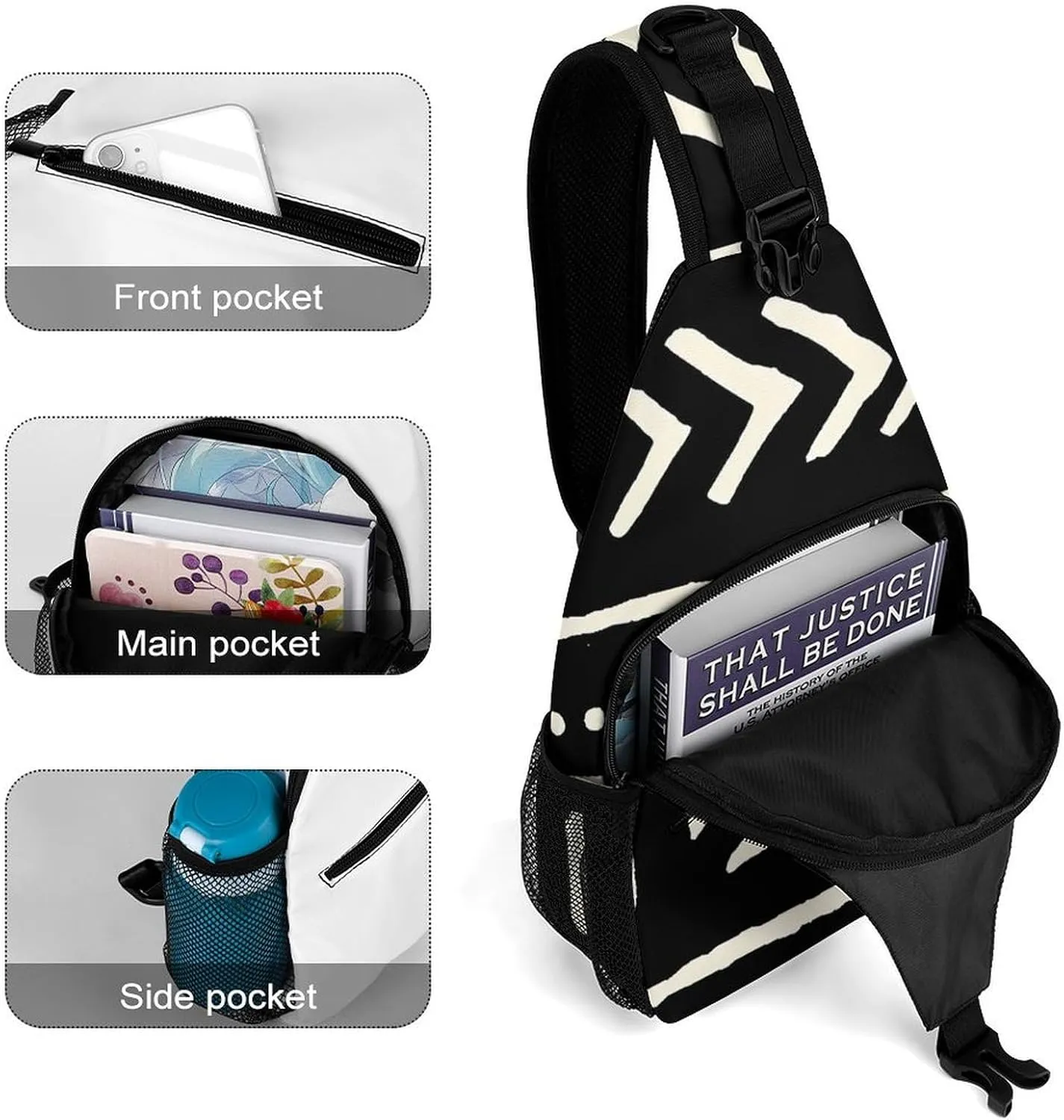 African Mud Cloth Black And White A Spacious And Large Capacity Portable Adjustable Chest Bag
