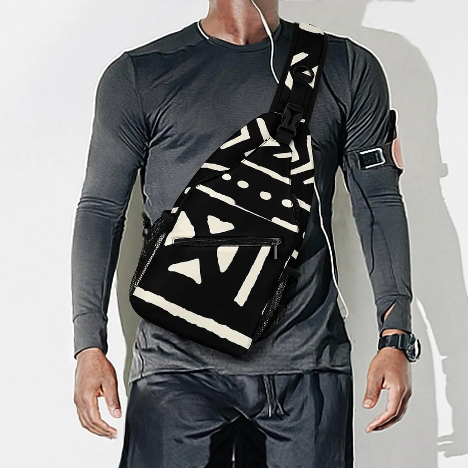 African Mud Cloth Black And White A Spacious And Large Capacity Portable Adjustable Chest Bag
