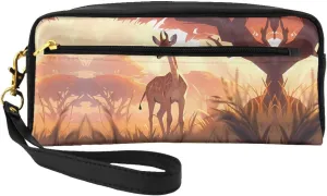 African savannah giraffe calf Print Leather Small Makeup Bag â€“ Travel Toiletry Bag for Women, Reusable Cosmetic Pouch with Zipper