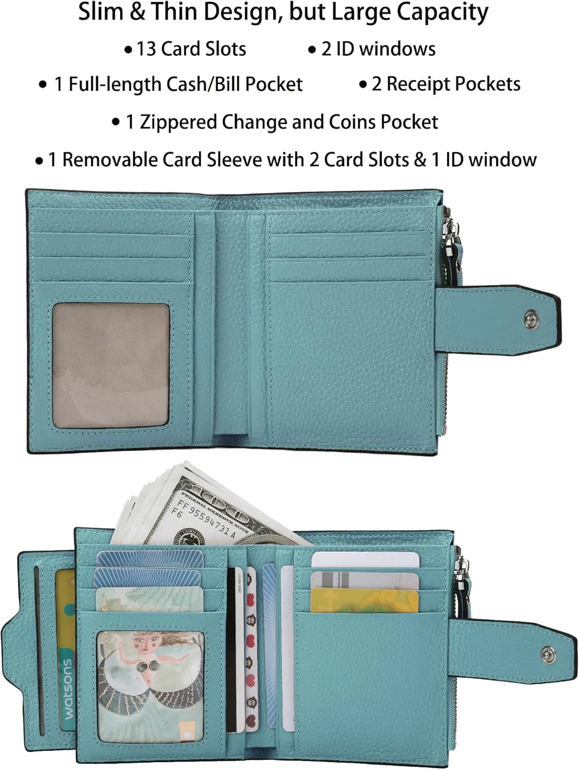 AINIMOER Women's RFID Blocking Leather Small Compact Bi-fold Zipper Pocket Wallet Card Case Purse with id Window