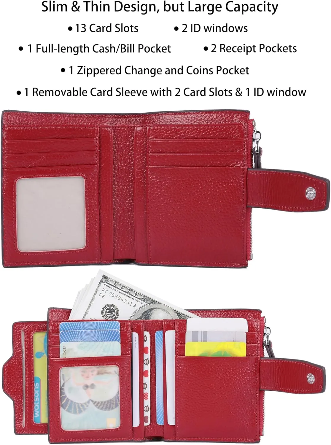 AINIMOER Women's RFID Blocking Leather Small Compact Bi-fold Zipper Pocket Wallet Card Case Purse with id Window