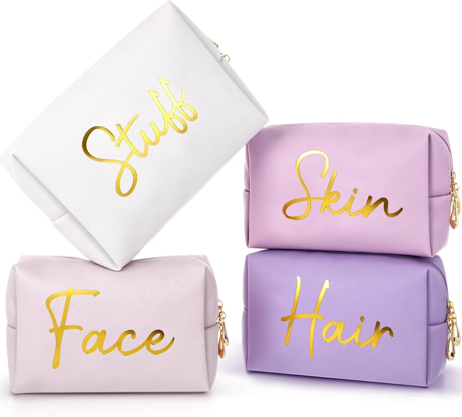 Aliceset 4 Pcs Preppy Makeup Bags Set Cute Travel Cosmetic Pouch Face Skin Hair Stuff Aesthetic Makeup Bags, PU Leather Waterproof Zipper Toiletry Pouch Gifts for Women Girl(Pink Purple)