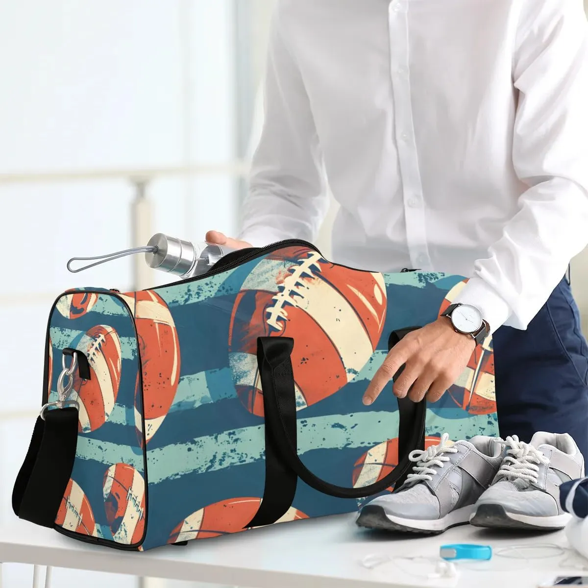 American Football Stripe Travel Duffel Bag for Women Men Waterproof Foldable Overnight Weekender Bag Large Capacity Sports Gym Bag