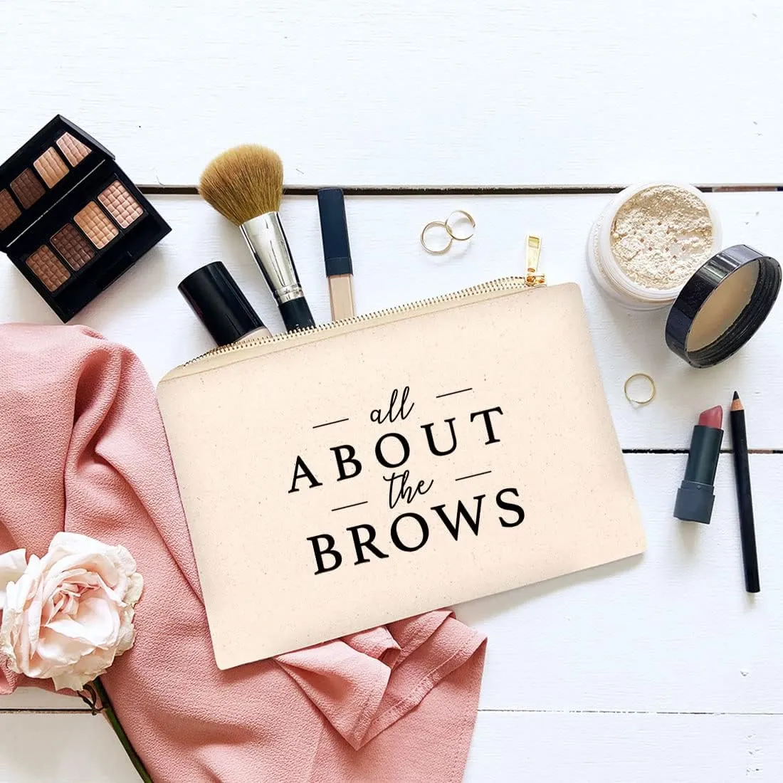 Andaz Press Funny Makeup Bag Canvas Cosmetic Bag with Zipper All About The Brows Makeup Pouch For Purse Travel Pouch Toiletry Bag Funny Pencil Bag Cute Birthday Gifts for Women 6.5 x 9 Inch