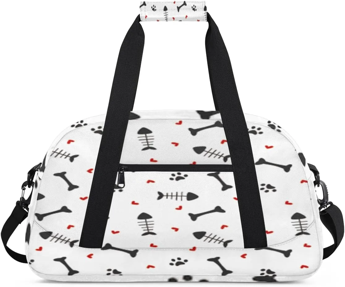 Animal Paw Prints Gym Duffel Bag for Men Women Bones Fish Bones Sports Tote Bag with Adjustable Shoulder Strap for Dance Gymnastics Traveling Outdoor Camping Overnight Stay