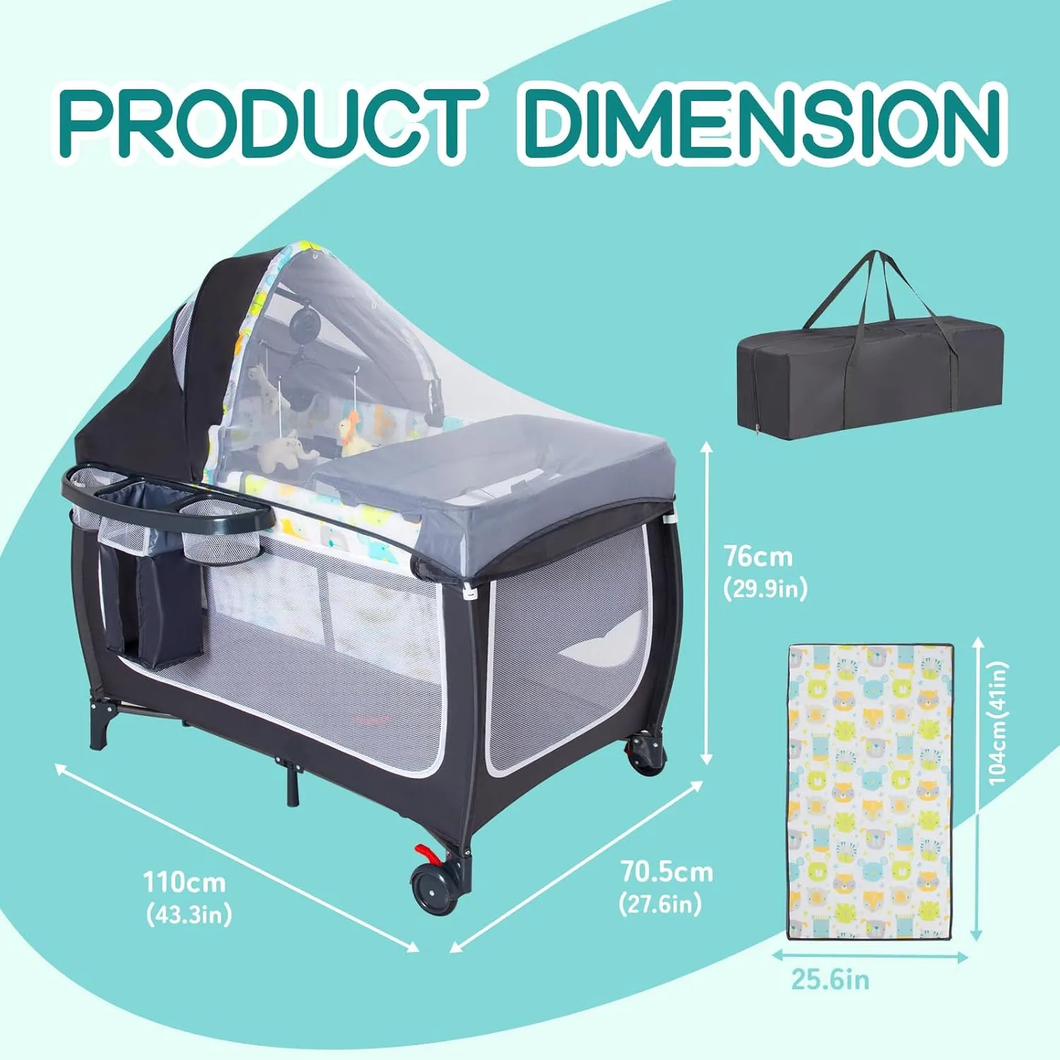 ANNA QUEEN 4 in 1 Pack and Play,Portable Baby Crib Deluxe Nursery Center, Foldable Travel Playard with Bassinet,Adjustable Canopy,Music Box,Changing Table for Newborn, Infant, Toddler