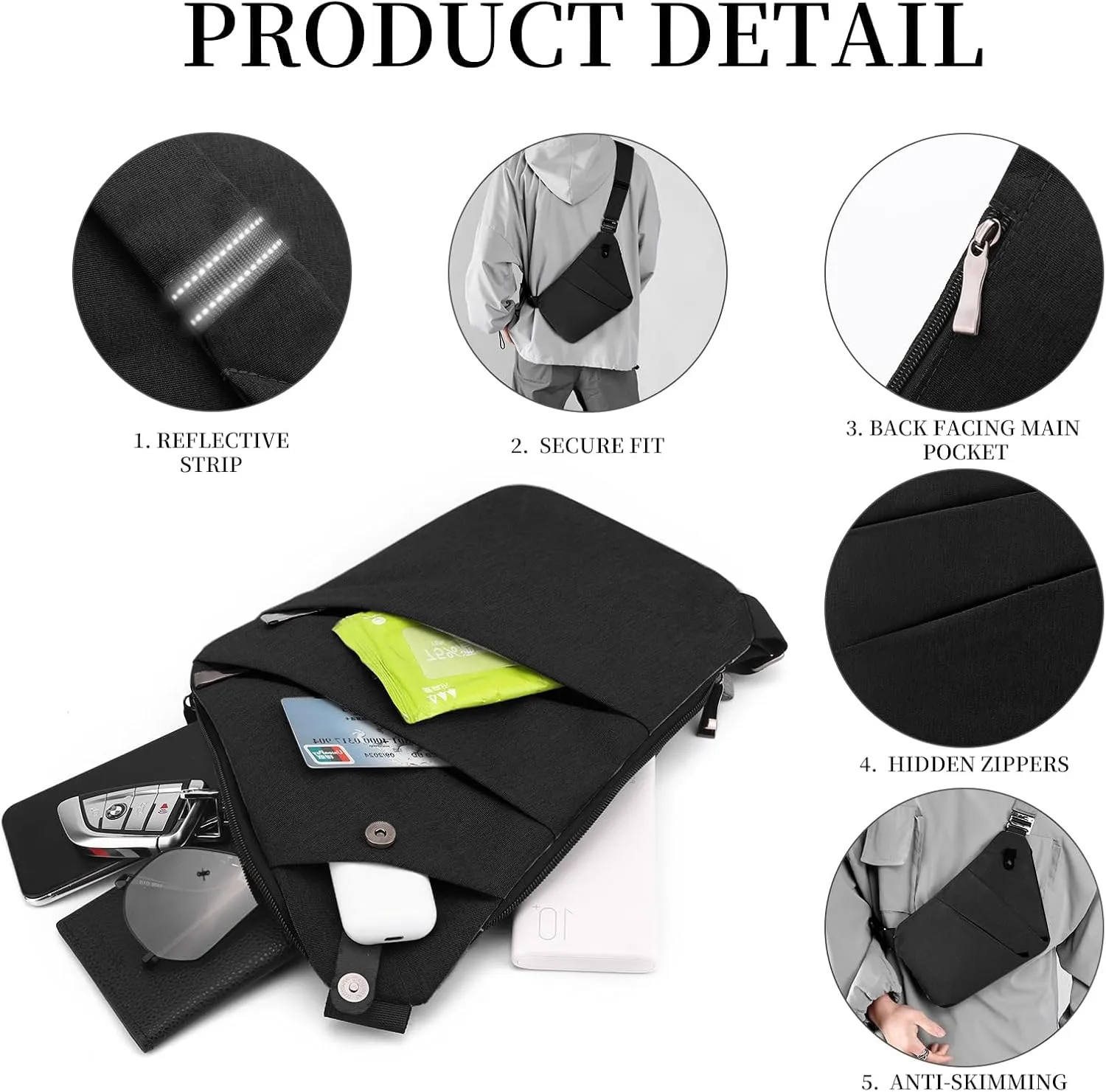 Anti Theft Crossbody Bag,Sling Bag for Women Men,Multi-pocket Chest Shoulder Bag for Travel, Sport, Work