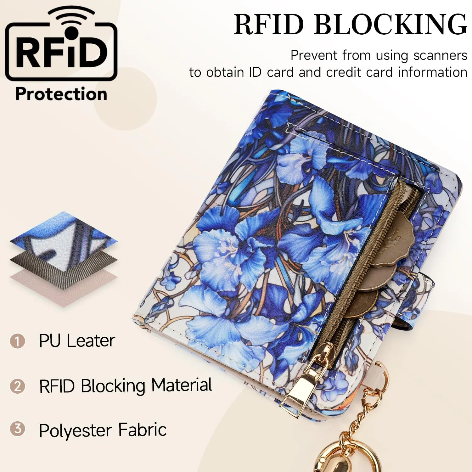 APHISON Women RFID Slim Bifold Wallet, Card Holder with Zipper Coin Purse, Ultra-Thin Compact Wallet with ID Window Minimalist Blue