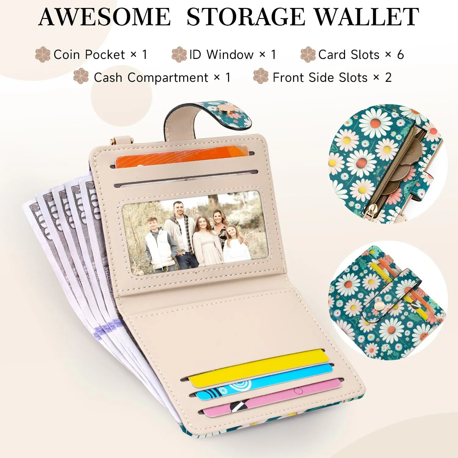APHISON Women RFID Slim Bifold Wallet, Card Holder with Zipper Coin Purse, Ultra-Thin Compact Wallet with ID Window Minimalist Green