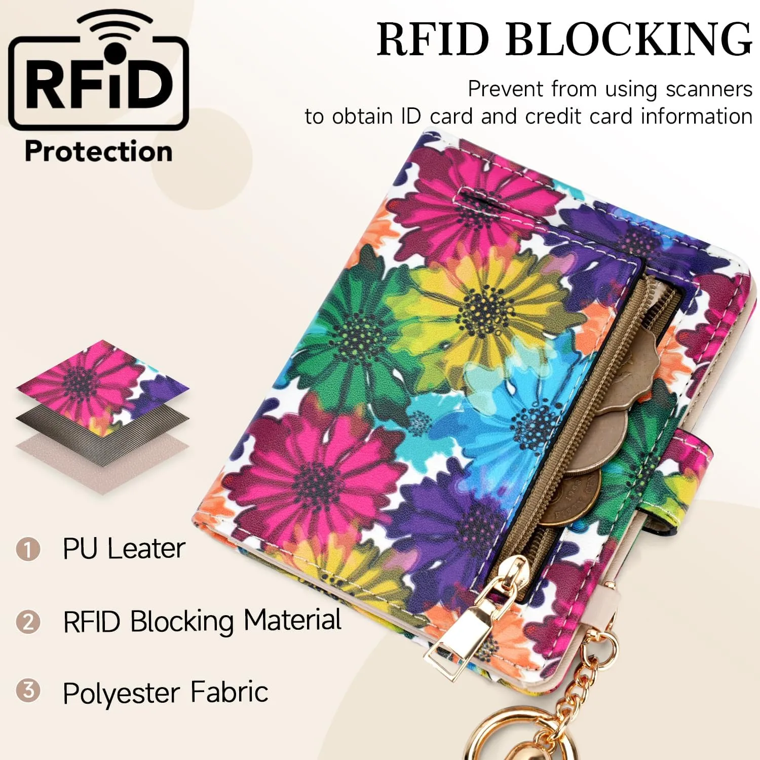 APHISON Women RFID Slim Bifold Wallet, Card Holder with Zipper Coin Purse, Ultra-Thin Compact Wallet with ID Window Minimalist