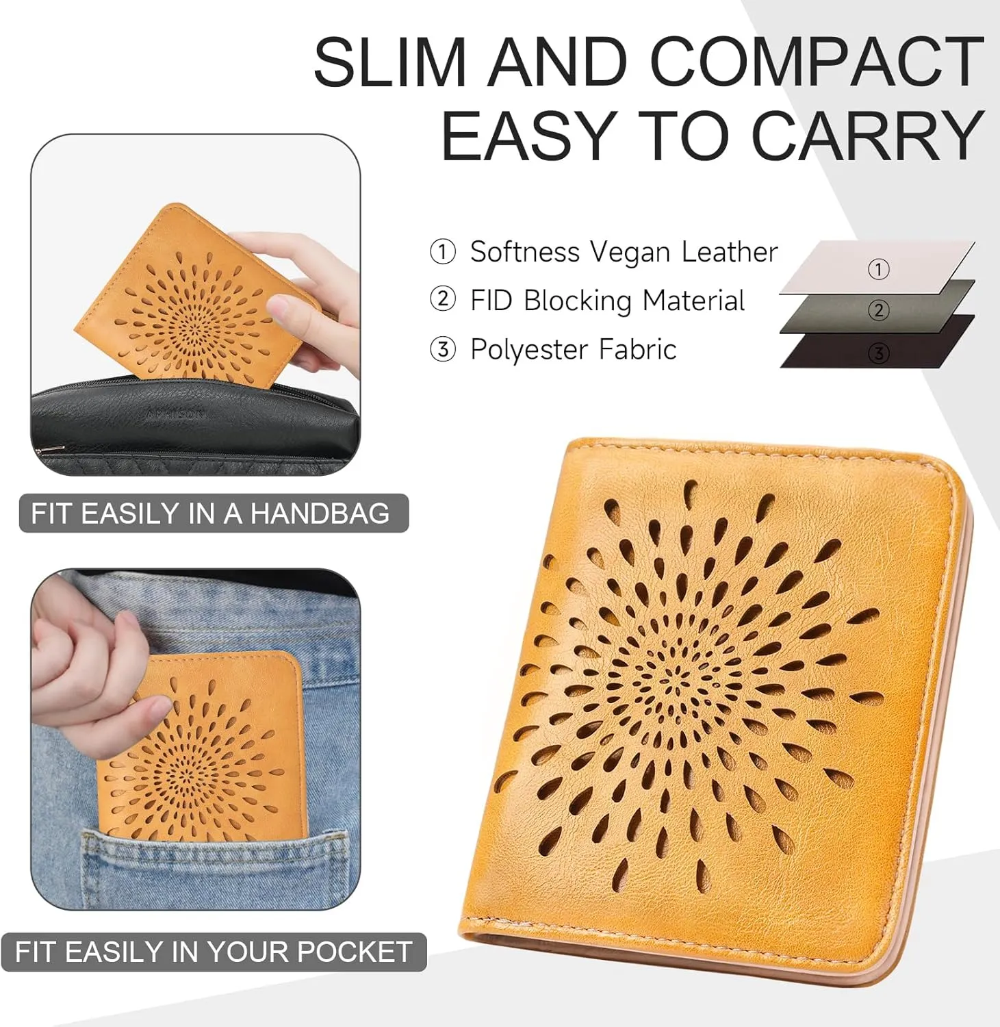 APHISON Womens Wallet, Slim Small Wallet for Women Men RFID Wallet Women Sunflower Leather ID Credit Card Holder whit Zipper Coin Pocket Bifold Compact Wallet
