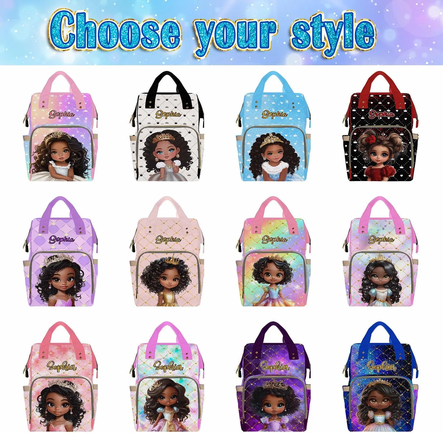 Artsadd Custom Princess Diaper Bag Backpack with Name, Customized Princess Print Personalized Mommy Nursing Bags Nappy Bag Casual Travel Daypack for Mom Women