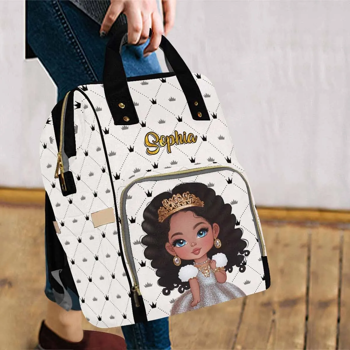 Artsadd Custom Princess Diaper Bag Backpack with Name, Customized Princess Print Personalized Mommy Nursing Bags Nappy Bag Casual Travel Daypack for Mom Women