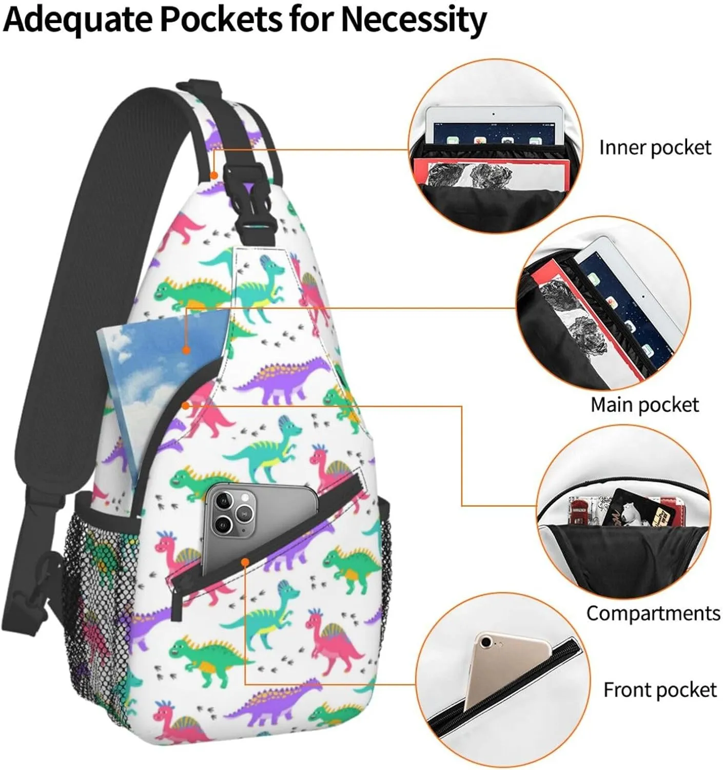 ASYG Cute Funny Dinosaur Sling Bag Crossbody Backpack for Women Men Travel Hiking Daypack Dino Crossbody Shoulder Bag