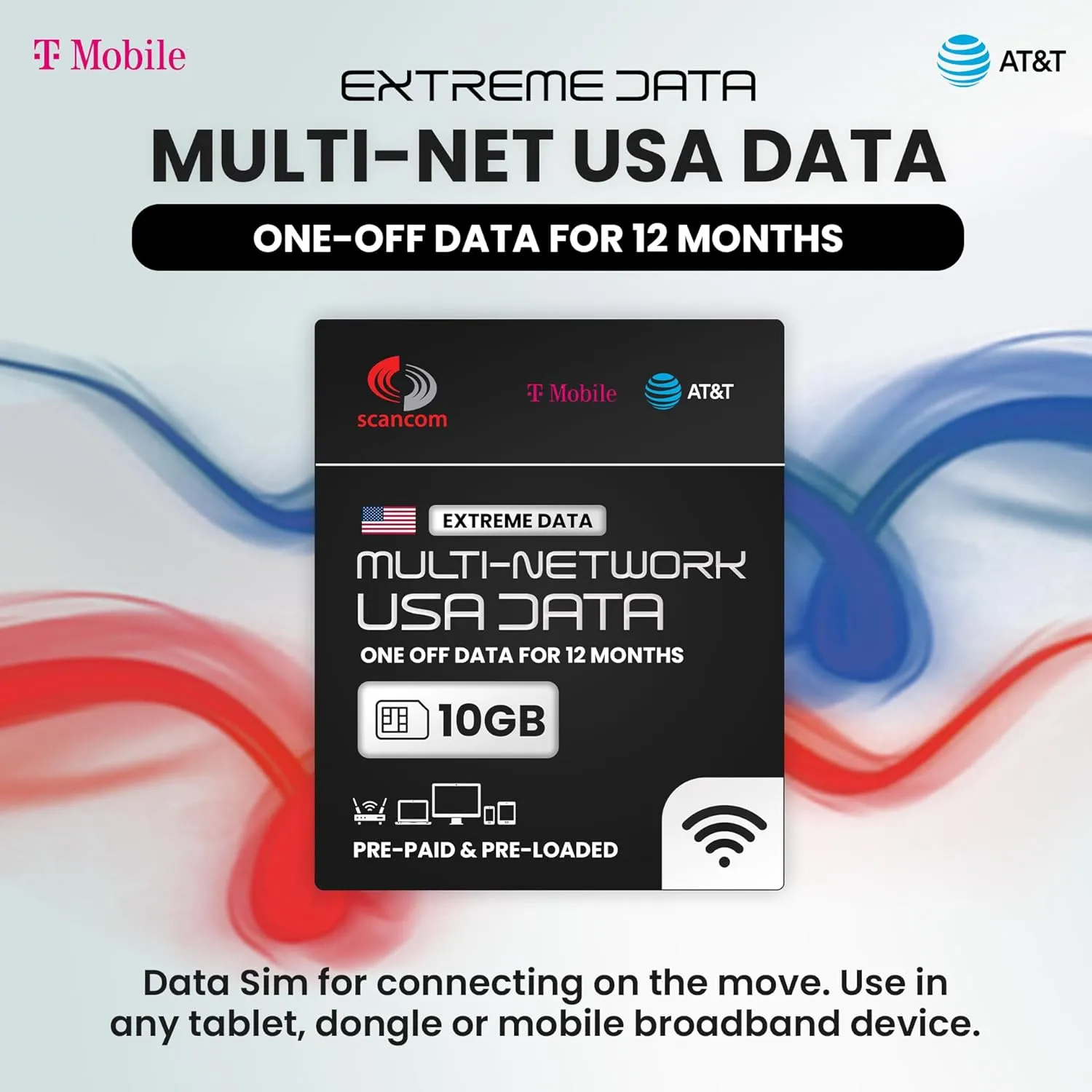 AT&T & T-Mobile Multi-Network Sim Card - 12 Months of Extreme Data (10GB) for Phones, Tablets & Routers