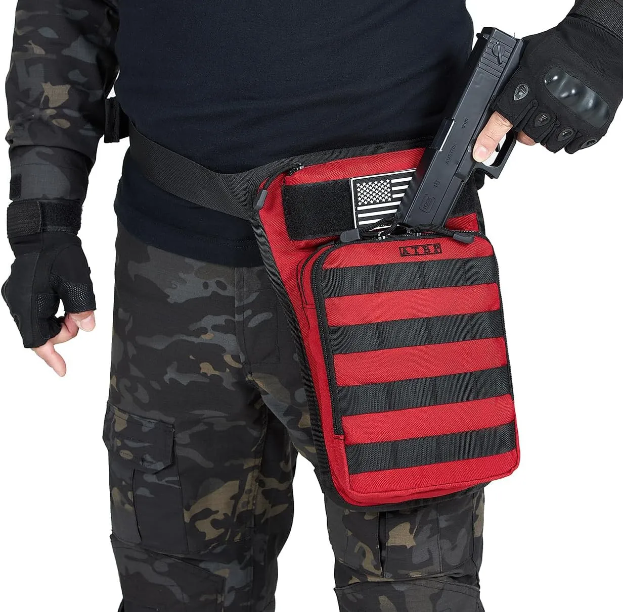 ATBP Motorcycle Tactical Drop Leg Thigh Bag with Holster Handgun Firearm Pistol Bag for Men Hunting Shooting Range Additional 3 Magazine Storage Slots