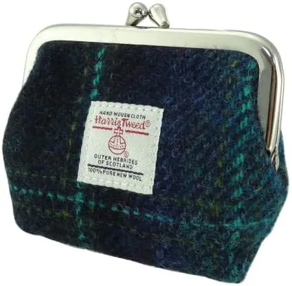 Authentic Harris Tweed Small Clasp Purse - Handcrafted in Scotland - Ladies Gift - Tartan Style & Quality - Compact & Elegant (Blue with Turquoise Overcheck)