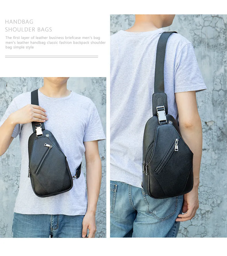 Authentic Leather Tactile Feel All-match One-shoulder Crossbody Bag (Black)