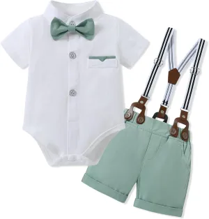 Baby Boy Clothes Suits 3-24M Infant Gentleman Wedding Outfits, Short Sleeve Shirt   Bowtie   Suspender Shorts Set