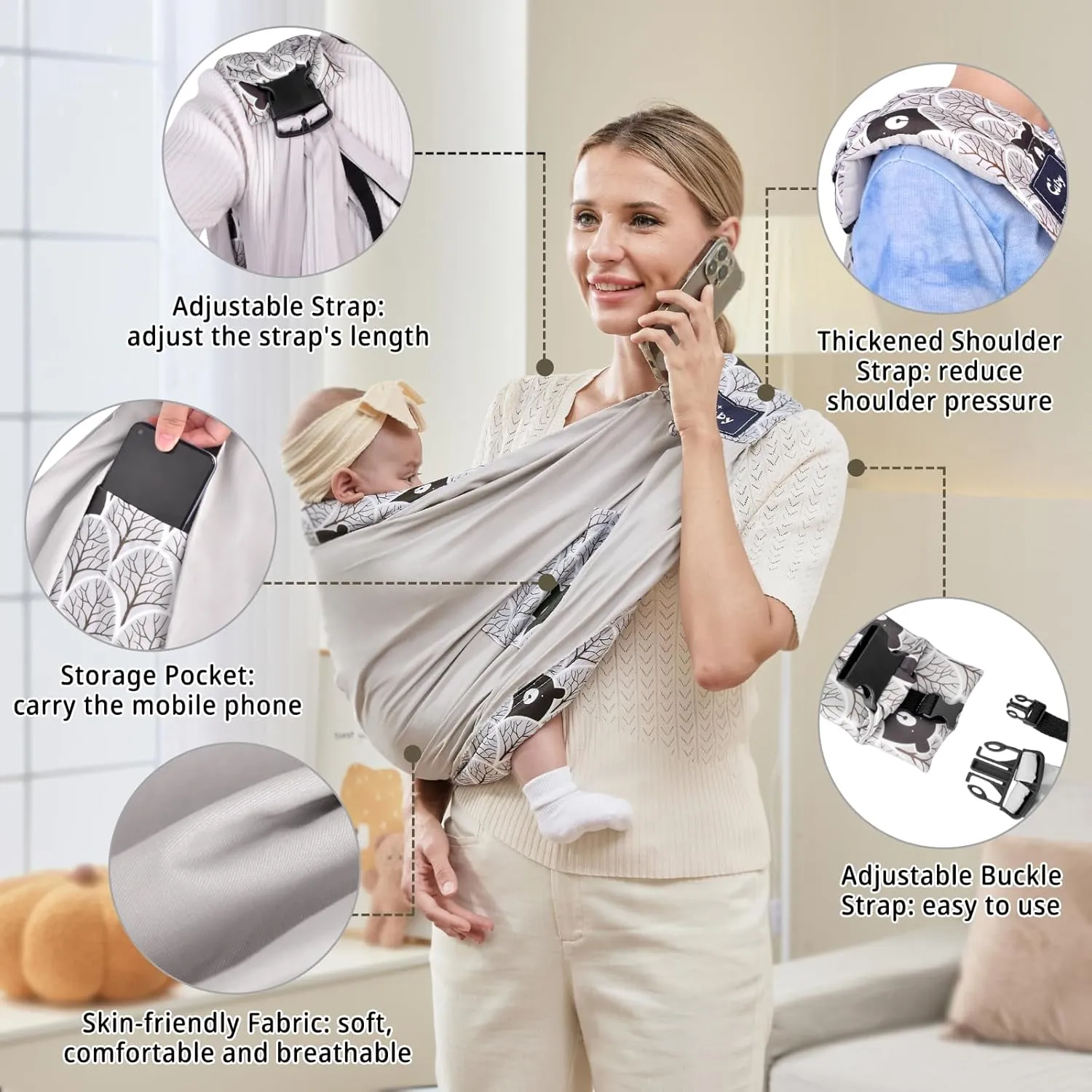 Baby Carrier by Cuby, Natural Cotton Baby Wraps Sling Baby Holder Extra Comfortable for Easy Wearing Carrying for Newborn, Soft and Adjustable Newborn and Toddler Carrier Slings (Gray Bear)