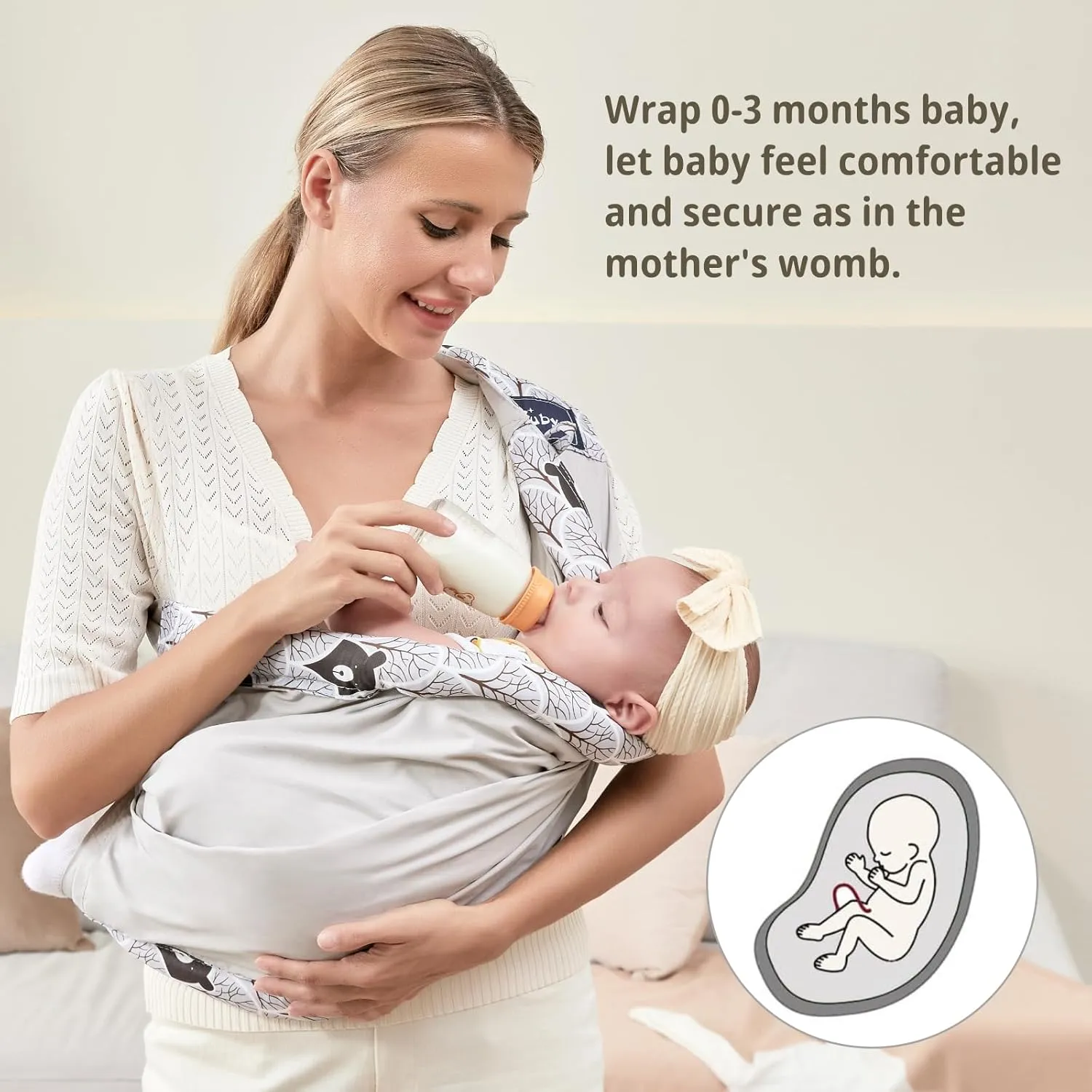 Baby Carrier by Cuby, Natural Cotton Baby Wraps Sling Baby Holder Extra Comfortable for Easy Wearing Carrying for Newborn, Soft and Adjustable Newborn and Toddler Carrier Slings (Gray Bear)
