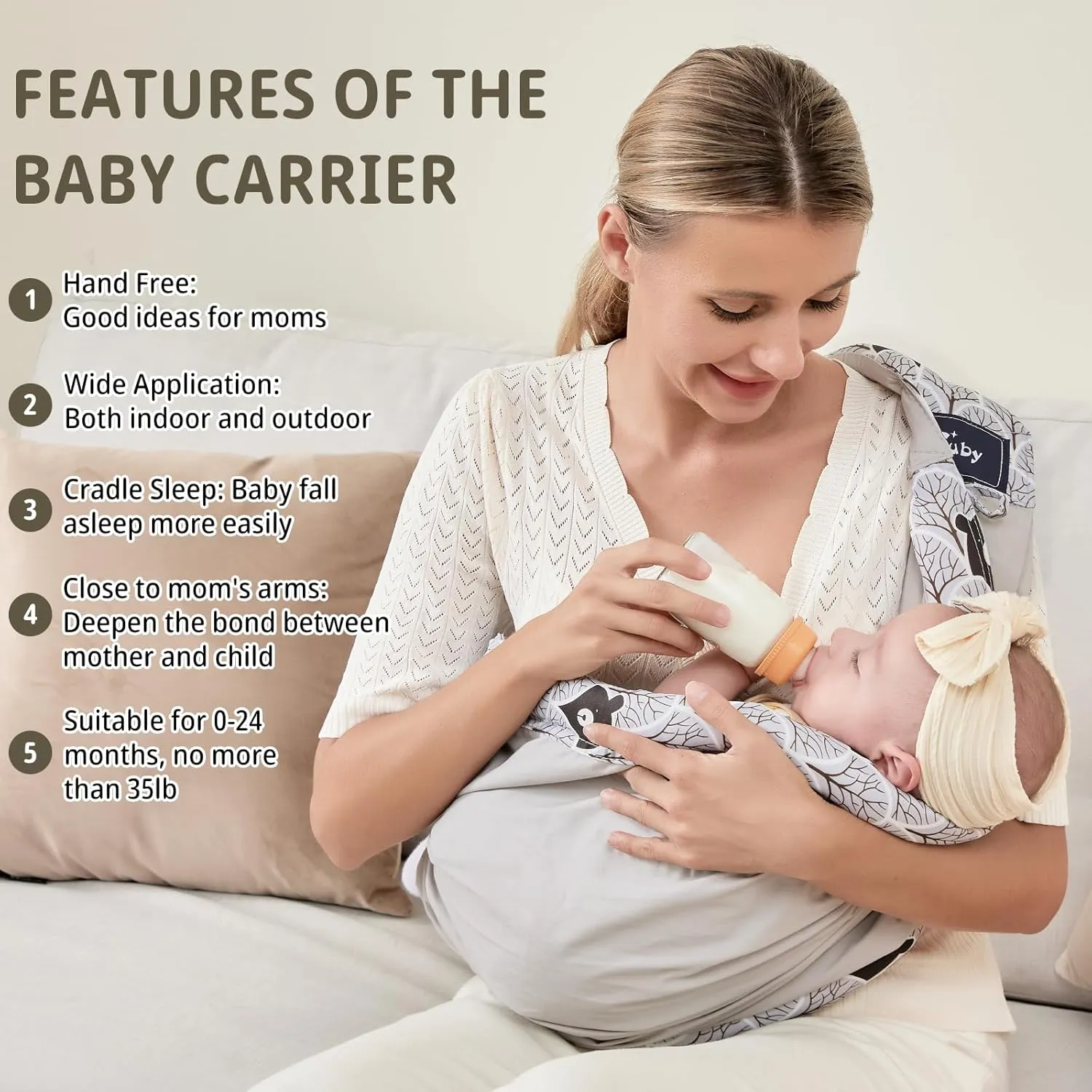Baby Carrier by Cuby, Natural Cotton Baby Wraps Sling Baby Holder Extra Comfortable for Easy Wearing Carrying for Newborn, Soft and Adjustable Newborn and Toddler Carrier Slings (Gray Bear)