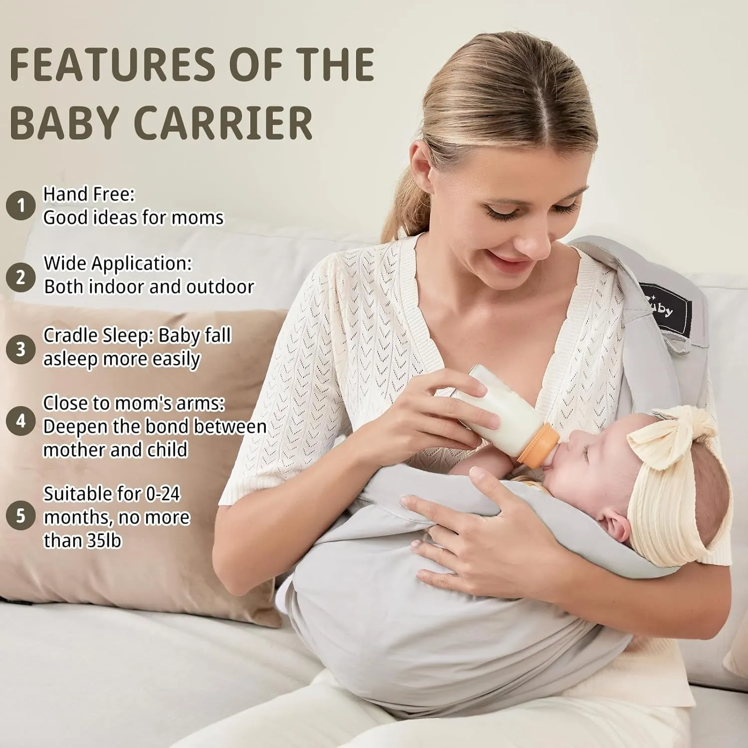 Baby Carrier by Cuby, Natural Cotton Baby Wraps Sling Baby Holder Extra Comfortable for Easy Wearing Carrying for Newborn, Soft and Adjustable Newborn and Toddler Carrier Slings (Light Gray)
