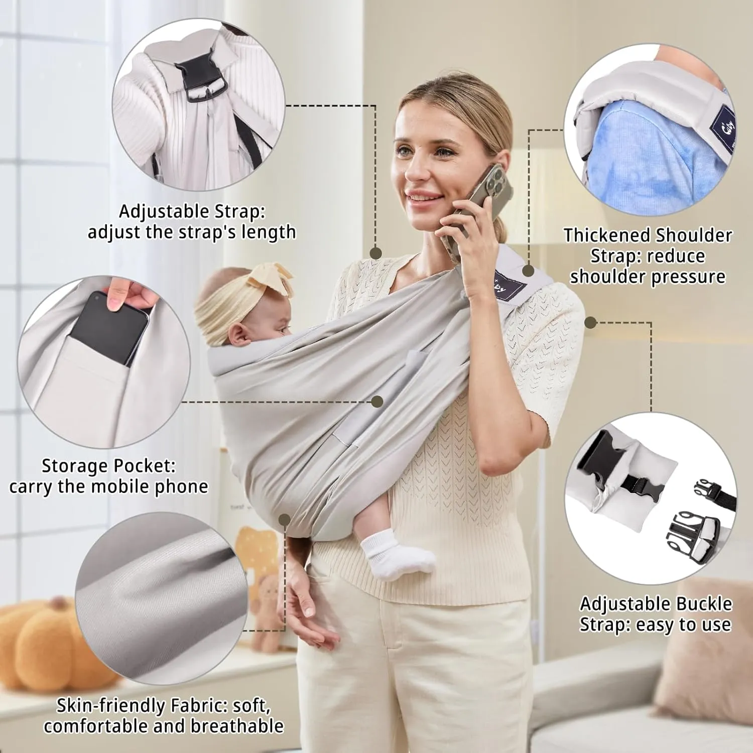 Baby Carrier by Cuby, Natural Cotton Baby Wraps Sling Baby Holder Extra Comfortable for Easy Wearing Carrying for Newborn, Soft and Adjustable Newborn and Toddler Carrier Slings (Light Gray)